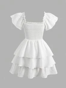 SHEIN Teen Girl Casual Vacation White Textured Square Neck Cap Sleeve Layered Ruffle Hem A-Line Dress - White - View 3