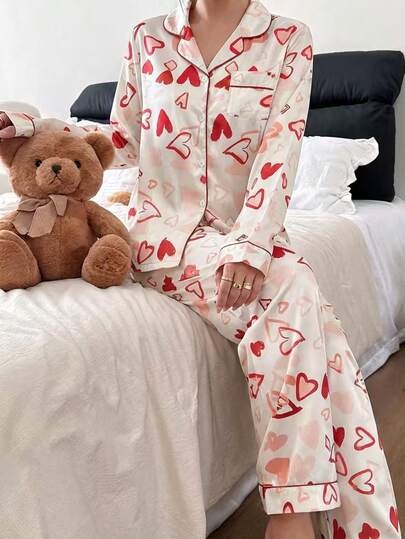 SHEIN Valentine's Day Women & Teen GirlHeart Print Lapel Cardigan Long Sleeve Top & Casual Pants 2 Piece Pajama Set