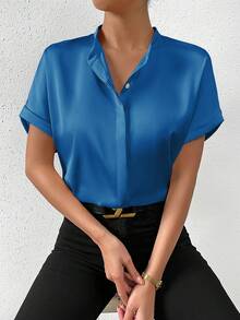 Chiquease Casual Solid Color Short Sleeve Shirt, Summer - Blue - View 5