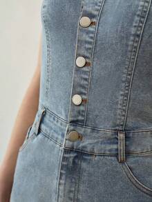 MOTF PREMIUM HALF BUTTON PLACKET FLARE LEG TUBE DENIM JUMPSUIT - Baby Blue - View 2