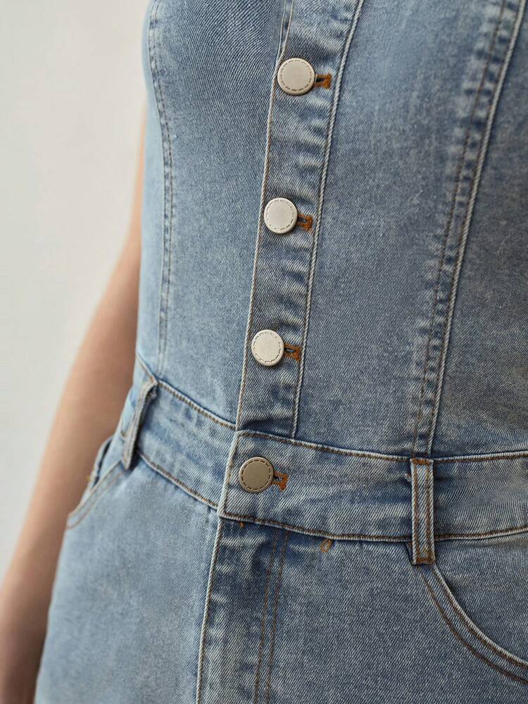 HALF BUTTON PLACKET FLARE LEG TUBE DENIM JUMPSUIT