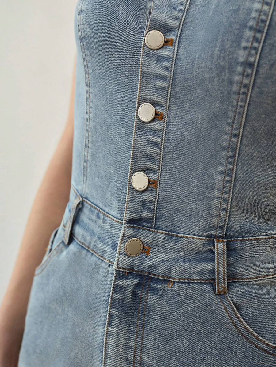 MOTF PREMIUM HALF BUTTON PLACKET FLARE LEG TUBE DENIM JUMPSUIT - Baby Blue - View 2