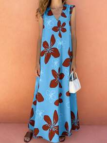 Selianne Women's Retro Patterned Extra Long Dressfall Clothes Fall Clothes Blue Long Dress Blue Flower Dress Long Dress Summer Blue Maxi Dress Women Aloha Dress - Multicolor - View 3