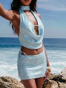 Nevyona Trang phục đi nghỉ mát cho nữ, thích hợp đi biển, dự lễ hội âm nhạc, kiểu áo cổ yếm đính sequin gợi cảm. - Màu xanh lam - Xem 7