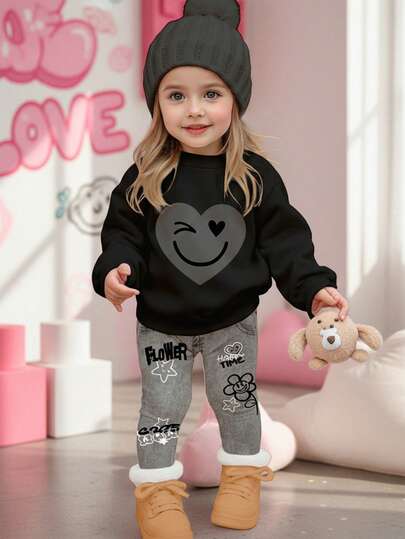 Black Series, Street Graffiti Cute Heart & Face Pattern, Baby Girl Casual Comfortable Soft Thick Warm Crew Neck Long Sleeve Sweatshirt & Skinny Jegging Leggings, Suitable For Autumn/Winter Everyday, Home, And Outings
