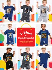 2pcs/Set Toddler Boys' Cartoon Comfortable Casual Crew Neck Sweatshirt And Fashionable Versatile Shorts Set, Suitable For Spring, Summer, Autumn Outdoor Activities, 8pcs Blind Box Set Randomly Deliver 3 Sets, Grey, Blue, Character, Landscape, Cartoon, Cute, Streetwear Daily - Grey - View 1