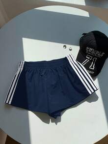 Comfortcana 大码女式夏季条纹撞色休闲宽松短裤 - 藏蓝色 - 查看 5