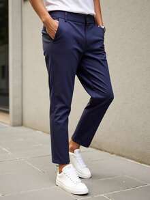 Manfinity Mode Pantalones casuales de pierna recta con textura para hombres, el diseño plisado ofrece un ajuste cómodo, adecuado para ocasiones casuales diarias, se puede combinar con camisas o camisetas para mostrar un estilo de negocios casual, también es un gran regalo - Azul Marino - Ver 6