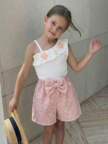 Elladie kids 两件套女童夏季韩版针织罗纹粉色不规则五瓣花上衣搭配粉白条纹珍珠纽扣短裤，休闲时尚日常度假装 - 彩色 - 查看 4