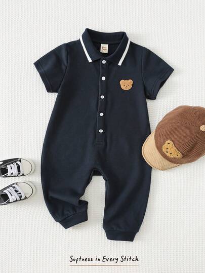 Cozy Pixies Baby Boy Cartoon Bear Pattern Knitted Soft Collar Short Sleeve Romper Shorts, Versatile & Comfortable