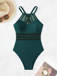 SHEIN Swim 女士纯色网纱拼接挂脖连体泳衣，度假风 - 水鴨藍 - 查看 4