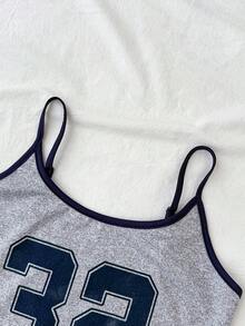 少女日常休闲浅灰色背心和蓝色数字印花修身T恤 - 灰色 - 查看 3