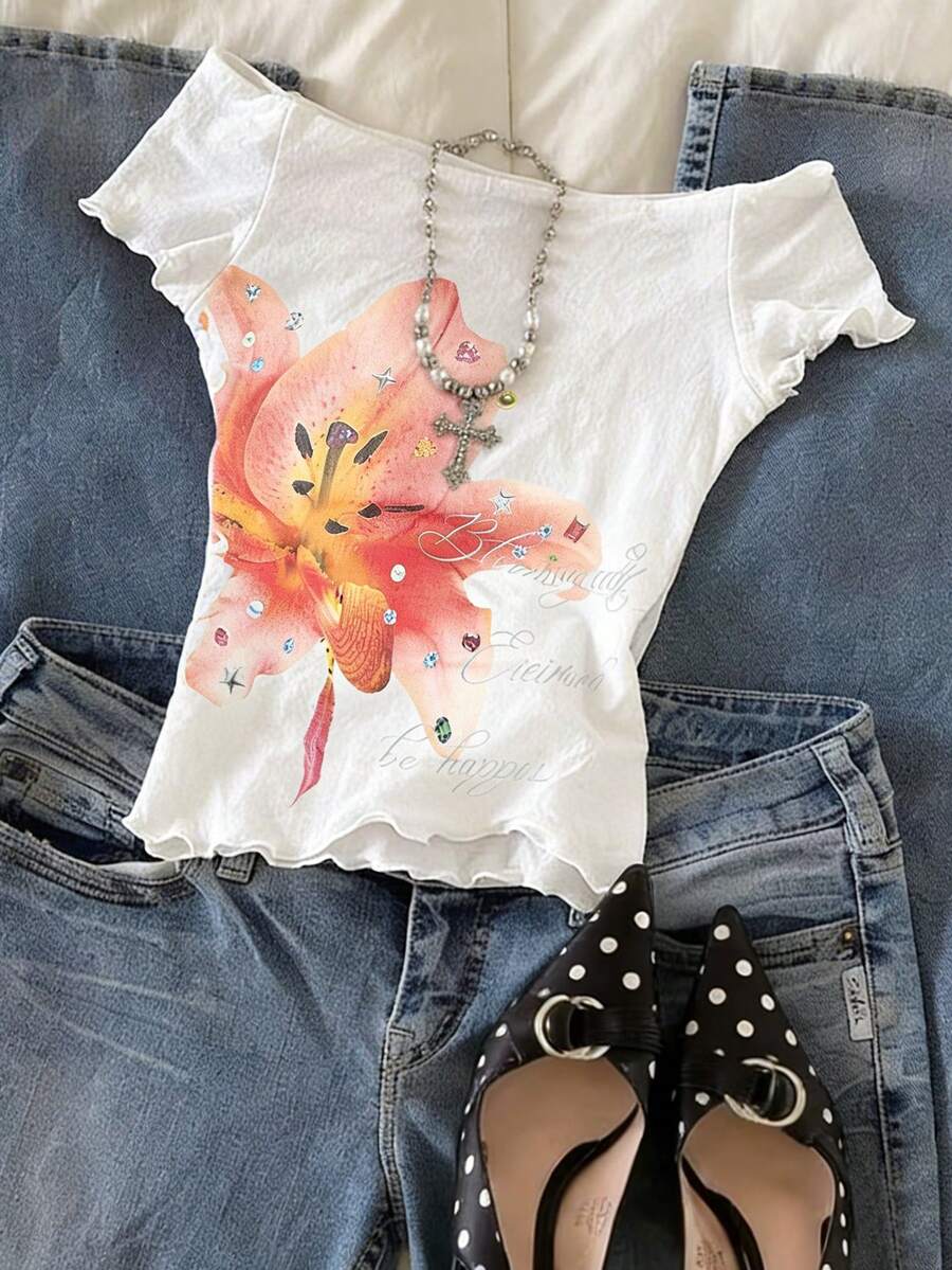 Rina Fox Women's Casual Floral Print Off-Shoulder Top, Summer - White - View 1