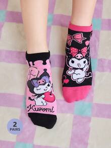 HELLO KITTY AND FRIENDS | SHEIN 2双柔软透气吸湿休闲短袜，饰有Kruomi图案，时尚可爱，粉黑配色，加固趾部和后跟，经久耐穿，男女通用，四季皆宜，夏季冬季皆可搭配。 - 彩色 - 查看 8