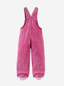 SHEIN Playful Pals 女童休闲牛仔背带裤，宽松直筒裤型，面料柔软舒适，适合春、夏、秋、冬四季穿着，有玫瑰红（带心形刺绣）和粉色（带蝴蝶结）两种款式可选。 - 玫紅色 - 查看 3