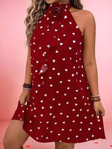 EMERY ROSE 女士甜美优雅3D立体花朵荷叶边领心形A字情人节连衣裙 - 紅色 - 查看 4