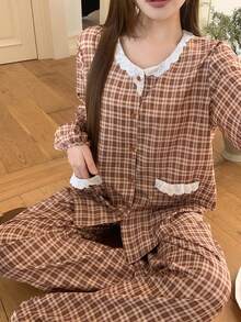 DAZY Bộ đồ ngủ 2 món gồm áo khoác cardigan dài tay và quần dài, phối ren và họa tiết kẻ caro, dành cho nữ, mùa thu. - Màu Khaki - Xem 5