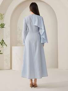 Veilorie Women's Elegant Solid Color Asymmetrical Cape Sleeve Waist Cinched Arabic Style Dress, Suitable For Spring And Autumn - Blue - View 3