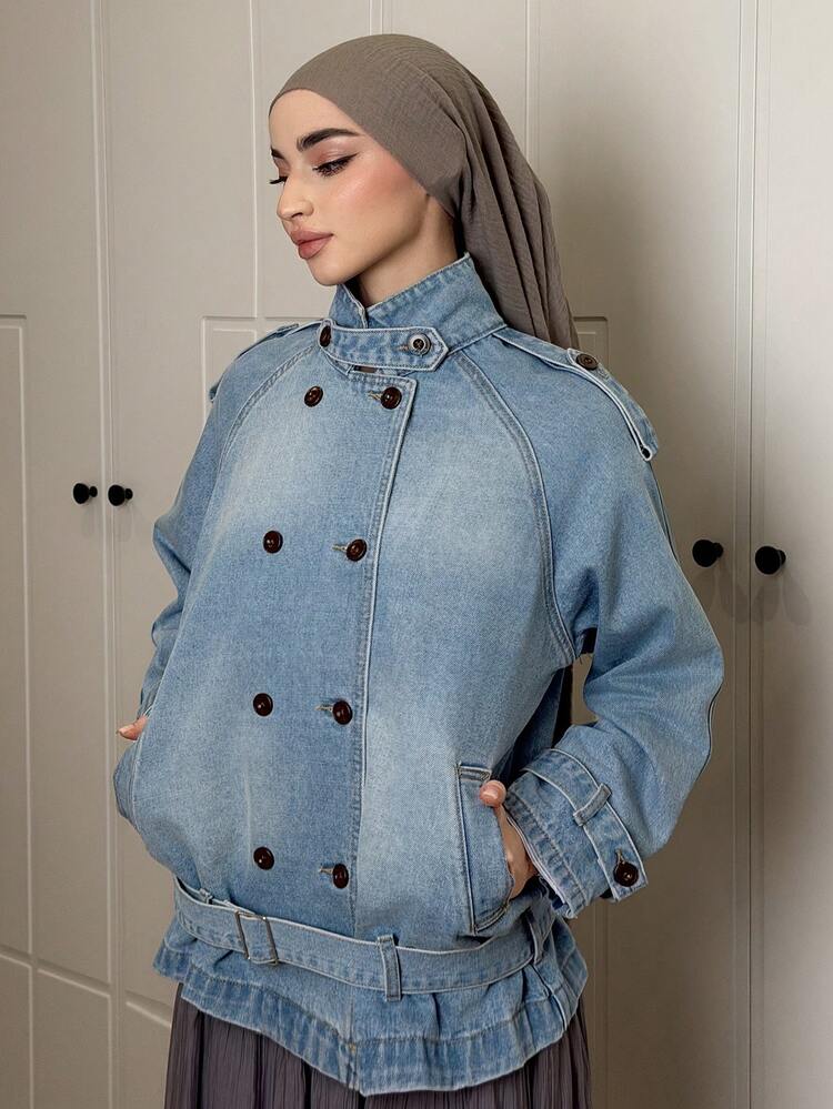 Women's Stand Collar Waist Belt Decor Urban Casual Denim Jacket And Coat