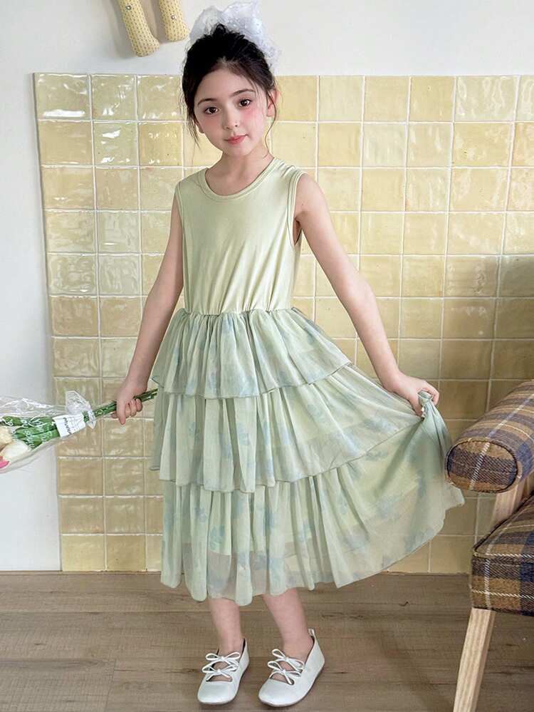 Tween Girls Round Neck Sleeveless Mesh Patchwork Dress, Fall Summer