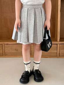 Dazy Kids 少女百褶刺绣拼接休闲百搭日常迷你裙 - 灰色 - 查看 3