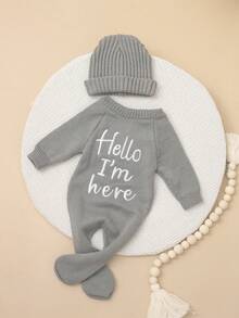 SHEIN 「Hello I'm Here」刺繡新生兒男嬰女嬰攝影拍照服 嬰兒拍照服飾 針織嬰兒連身衣 附帽子 灰色 秋季 - 灰色 - 查看 6