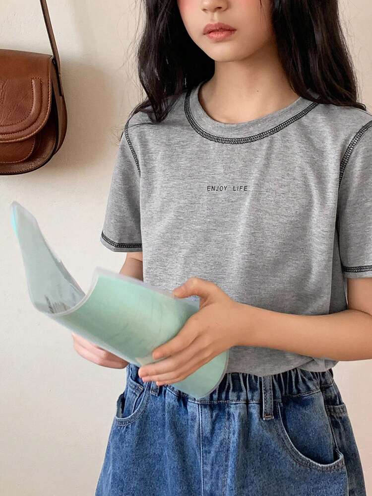 Tween Girls' Colorblock Round Neck Short Sleeve Casual Loose Versatile T-Shirt, Summer
