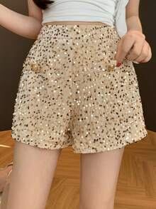 DAZY Quần short nữ thanh lịch đính sequin có túi, thích hợp mặc mùa hè, dự tiệc cưới. - Màu be - Xem 5
