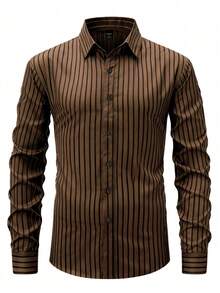 Manfinity Mode Áo sơ mi nam dài tay kẻ sọc nâu cài cúc, cổ bẻ, dáng regular fit, chất liệu polyester, thích hợp cho công sở, đi làm. Áo sơ mi kẻ sọc cho nam, áo sơ mi kaki dài tay kẻ sọc nam, áo sơ mi nam cao cấp màu nâu, áo sơ mi công sở nam, áo sơ mi nam thường ngày. - màu nâu - Xem 3