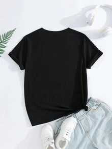 SHEIN 青少年女孩“这是我的十岁生日”皇冠3D亮片印花圆领短袖黑色T恤 - 黑色 - 查看 2