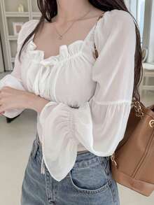 DAZY Early Spring French Niche Frill Trim Tie Front Puff Sleeve Cropped Chiffon Blouse For Women - White - View 9