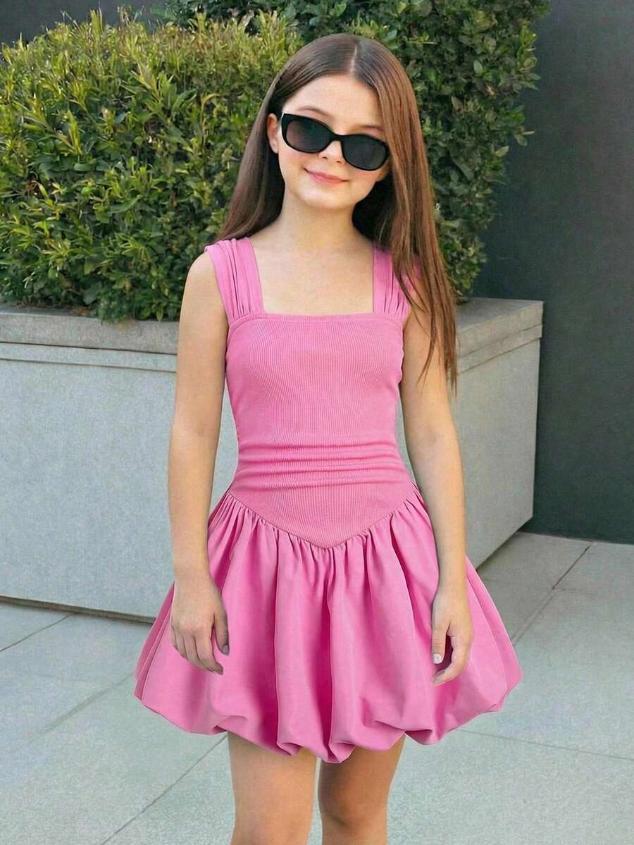 SHEIN 少女休闲优雅都市时尚蝙蝠袖拼接灯笼下摆连衣裙，春夏款 - 黑色 - 查看 1