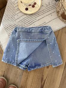 LMoss Kids Váy ngắn denim màu xanh dương đính ngọc trai giả màu trắng dành cho bé gái, thích hợp cho mùa hè, phong cách thường ngày và thời trang đi nghỉ mát, thời trang đường phố, phong cách những năm 2000, chất liệu denim mềm mại và thoải mái. - Rửa nhẹ - Xem 3