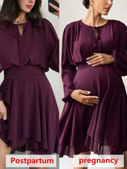 MaterniWear Spring Outfit Women ,Office,Business  Maternity Work Clothes Maternity Elegant Maternity Solid Color Twist Front Long Sleeve Dress,Old Money Style Maternity Dress,A Flowing, Wine-Red Chiffon Dress With An Asymmetrical Hem, Perfect For Maternity Wear.
