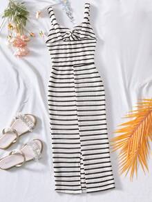 Sparklyn 少女夏季休闲度假条纹前扭结连衣裙 - 黑與白 - 查看 2