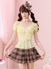 ROMWE Kawaii 女士可爱度假风纹理面料蕾丝边系带上衣 - 鵝黃色 - 查看 1