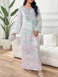 Yasmyna Women's V-Neck Long Sleeve Color Block Maxi Elegant Arabian Dress - Pink - View 3