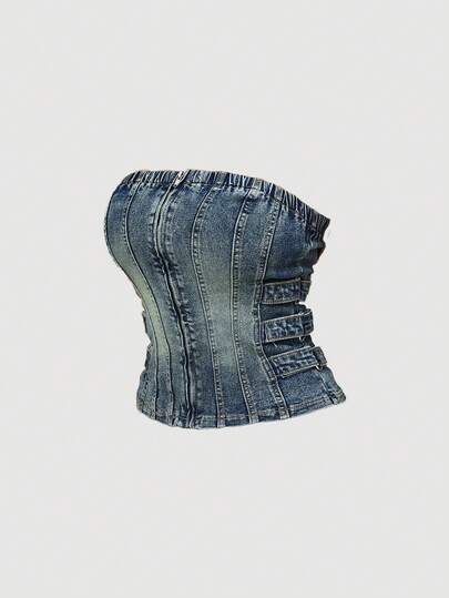 Sweetra 女士收腰修身复古牛仔胸衣上衣