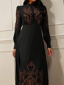 Lilora Women's Elegant Embroidered Puff Sleeve Button Design Dress - Black - View 5