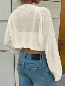SHEIN Elenzya Casual Lightweight Sheer Batwing Sleeve Cropped Cardigan For Women, Versatile Spring/Summer - Beige - View 2