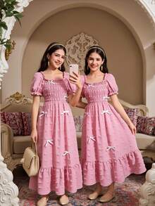 SHEIN ChillGRL Streecool 少女纯色泡泡袖蝴蝶结休闲连衣裙，适合春夏日常休闲穿着 - 粉色 - 查看 2