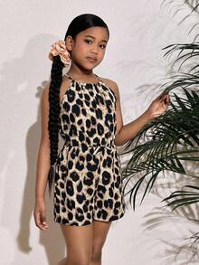 SHEIN SLAYR KIDS Tween Girls Ditsy Floral Halter Neck Sleeveless Casual Romper, Vacation Style, Fashionable French Elegance, Back To School - Multicolor - View 4