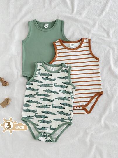 SHEIN Vintaside Kids 3pcs/Set Casual Cartoon Green Crocodile & Brown Striped Bodysuit, Suitable For Daily Wear, Outings And Vacations, Spring/Summer