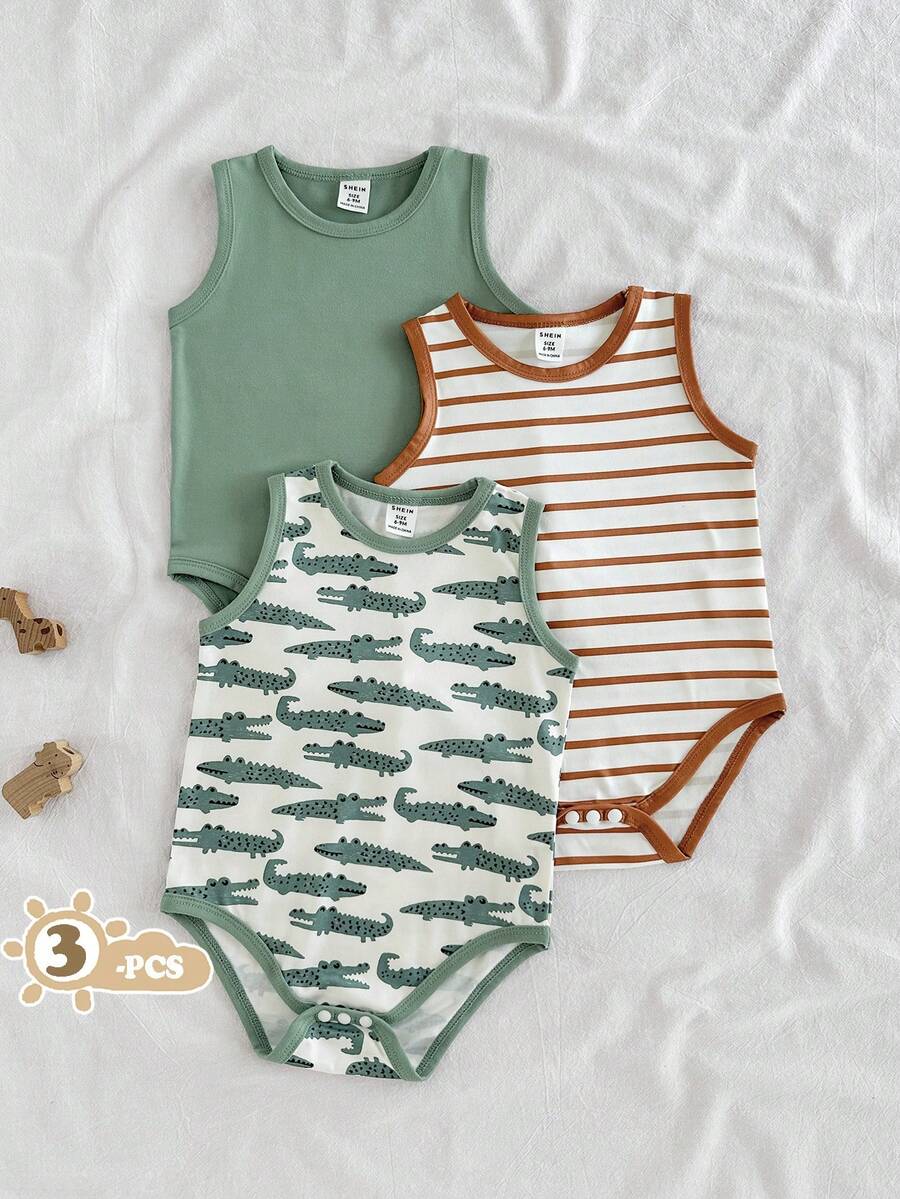 SHEIN Vintaside Kids 3件套休闲卡通绿色鳄鱼棕色条纹连体衣，适合日常穿着、外出和度假，春夏款