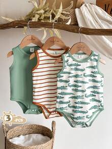 SHEIN Vintaside Kids 3件套休闲卡通绿色鳄鱼棕色条纹连体衣，适合日常穿着、外出和度假，春夏款 - 彩色 - 查看 4