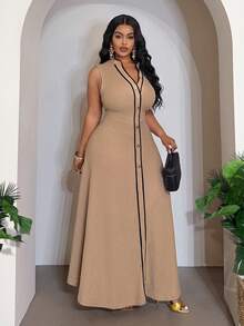 Veslaya 2026春夏新款大码女装，适合音乐节、复活节、西部风、游牧风、生日派对、毕业典礼、学院风、学生日常穿着，百搭基础款，休闲假日外出、优雅派对、舞会等场合，高端优雅卡其色与黑色撞色滚边V领A字长裙，无袖 - 彩色 - 查看 8