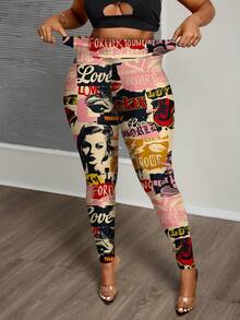 Slaydiva 大码休闲复古海报印花打底裤，适合秋冬季穿着 - 彩色 - 查看 1