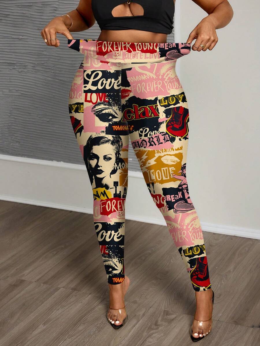 Slaydiva 大码休闲复古海报印花打底裤，适合秋冬季穿着 - 彩色 - 查看 1