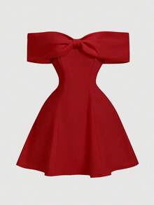 SHEIN Tween Girl Knitted Red Bow Off-Shoulder Elegant Cake Dress Red Off Shoulder Dress Red Bow Dress Tween Bow Knot Shoulder Dress - Black - View 5