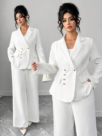 Elenzga 大码女装春秋新款白色优雅长袖开衫，饰有纽扣，收腰设计，搭配长款喇叭裤